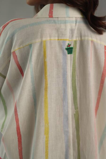 Buy_Roza_Ivory Linen Embroidery Collared Bianca Printed Shirt 