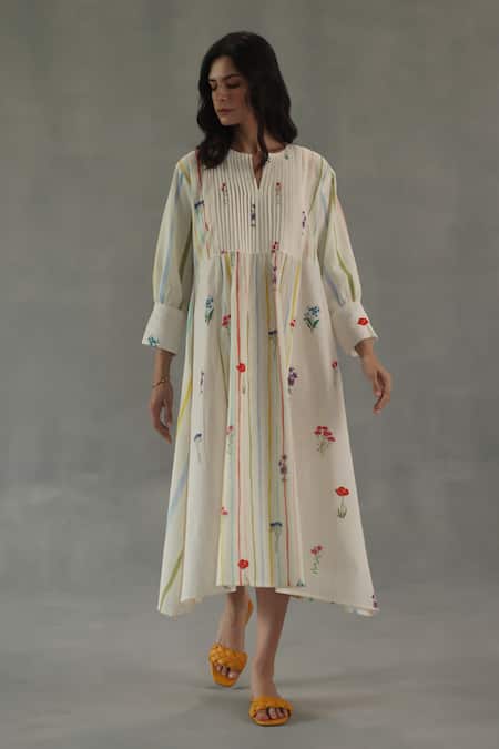 Roza Ivory Linen Embroidery Round Neck Bianca Printed Asymmetric Dress 