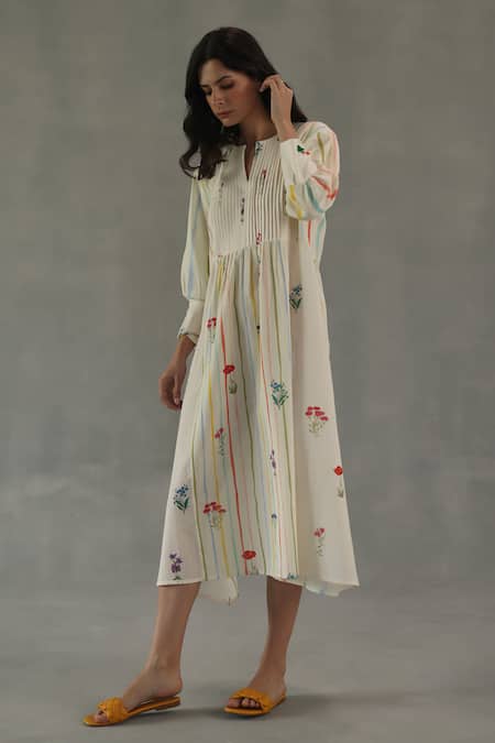 Roza_Ivory Linen Embroidery Round Neck Bianca Printed Asymmetric Dress _Online_at_Aza_Fashions