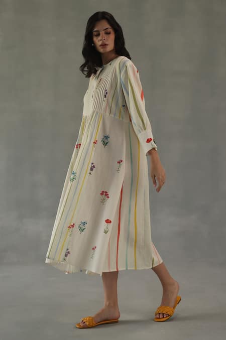 Buy_Roza_Ivory Linen Embroidery Round Neck Bianca Printed Asymmetric Dress _Online_at_Aza_Fashions