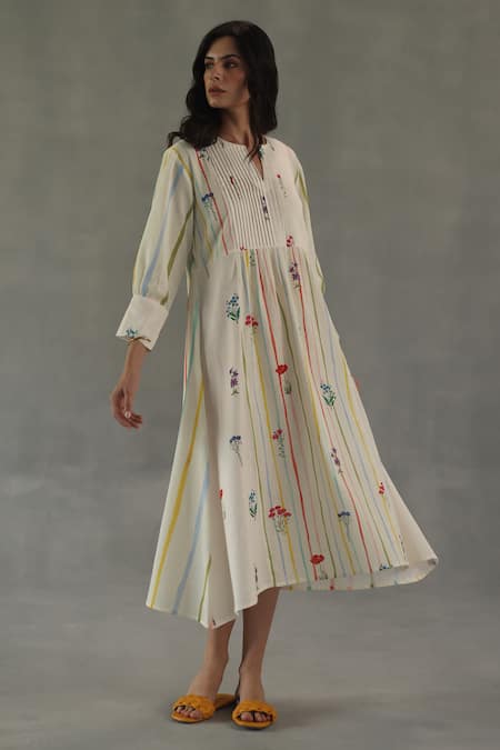 Shop_Roza_Ivory Linen Embroidery Round Neck Bianca Printed Asymmetric Dress _Online_at_Aza_Fashions