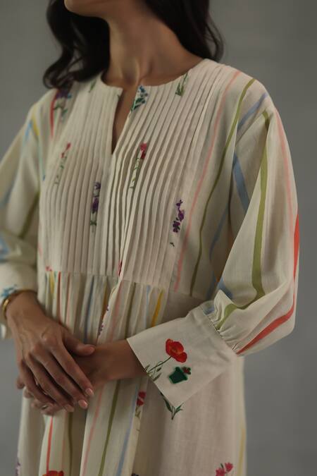 Roza_Ivory Linen Embroidery Round Neck Bianca Printed Asymmetric Dress _at_Aza_Fashions