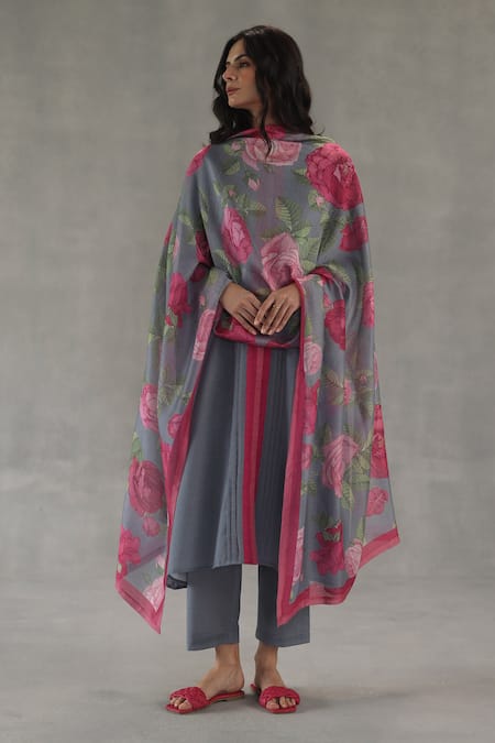 Roza Gray Linen, Chanderi Round Neck Tuberose Straight Kurta Set