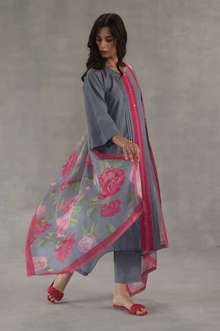 Roza_Gray Linen, Chanderi Round Neck Tuberose Straight Kurta Set _Online_at_Aza_Fashions