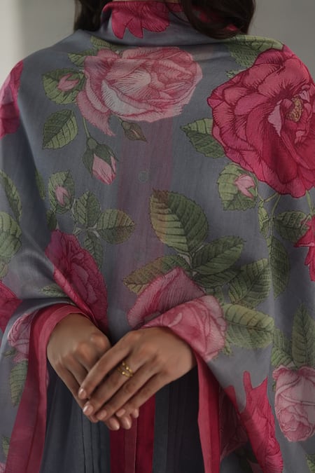 Shop_Roza_Gray Linen, Chanderi Round Neck Tuberose Straight Kurta Set _Online_at_Aza_Fashions