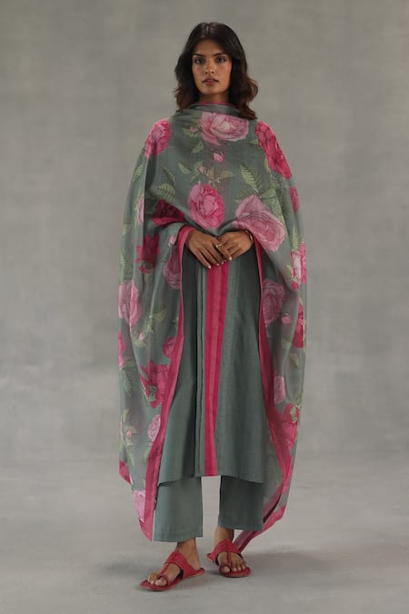 Roza Olive Green Linen, Chanderi Round Neck Tuberose Kurta Set