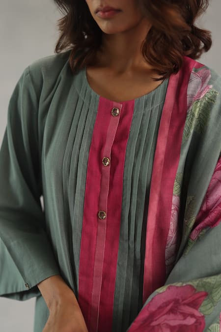 Shop_Roza_Olive Green Linen, Chanderi Round Neck Tuberose Kurta Set _Online_at_Aza_Fashions