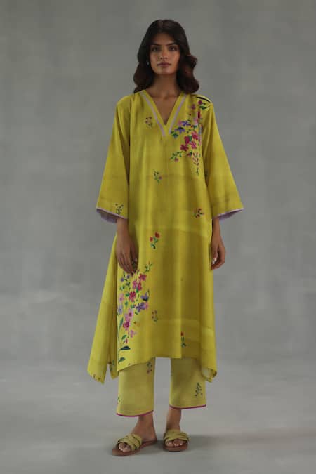 Roza Yellow Linen Embroidery V-neck Viola Floral Print Kurta And Pant Set 