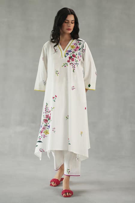 Roza Ivory Linen Embroidery Split V-neck Viola Printed Kurta And Pant Set