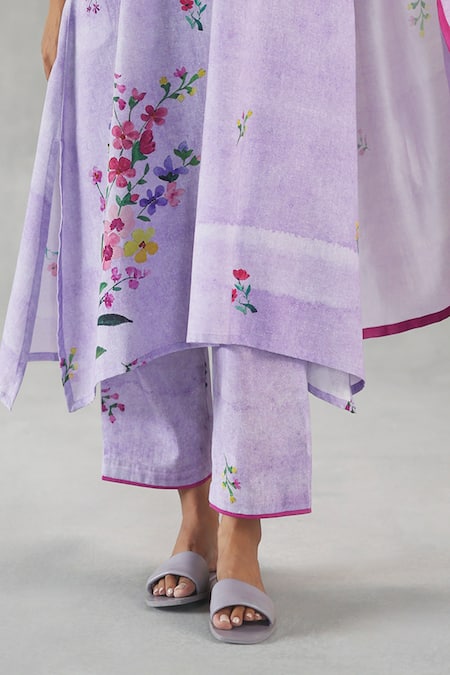 Buy_Roza_Purple Linen Embroidery V-neck Viola Printed Kurta And Pant Set _Online_at_Aza_Fashions