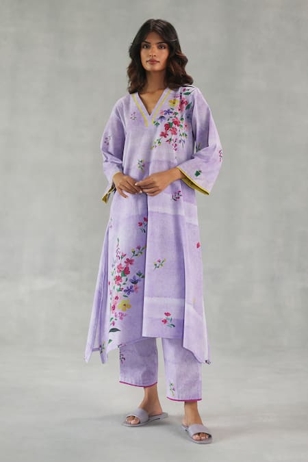 Roza_Purple Linen Embroidery V-neck Viola Printed Kurta And Pant Set _at_Aza_Fashions