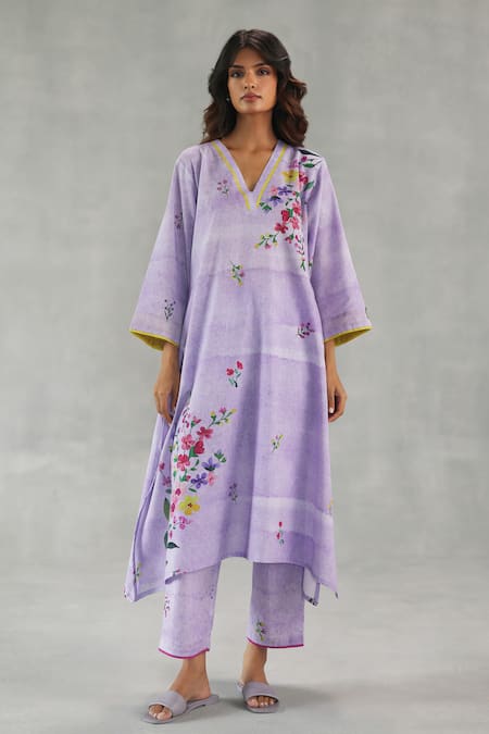 Roza Purple Linen Embroidery V-neck Viola Printed Kurta And Pant Set