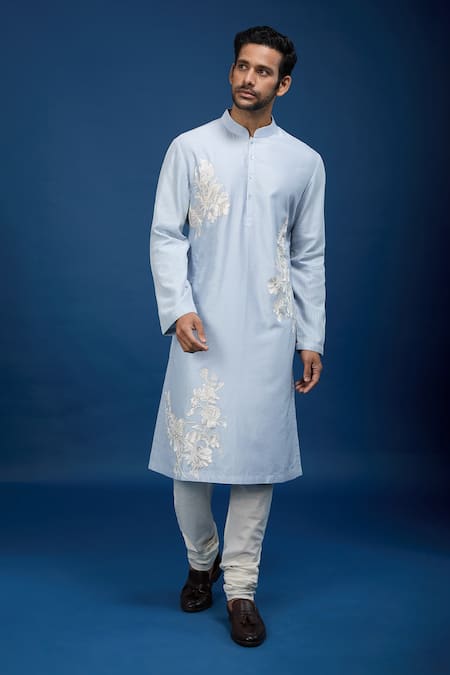 Rohit Bal Blue Chanderi Embroidery Floral Botanic Kurta Set
