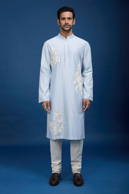 Rohit Bal Blue Chanderi Embroidery Floral Botanic Kurta Set at Aza Fashions Rohit Bal_Blue Chanderi Embroidery Floral Botanic Kurta Set _at_Aza_Fashions