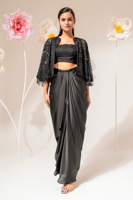 Akara Black Satin Beads, Sequins Square Neck, Open Embroidered Cape Draped Skirt Set 