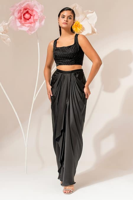 Akara_Black Satin Beads, Sequins Square Neck, Open Embroidered Cape Draped Skirt Set _Online_at_Aza_Fashions