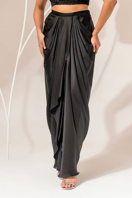 Buy_Akara_Black Satin Beads, Sequins Square Neck, Open Embroidered Cape Draped Skirt Set _Online_at_Aza_Fashions