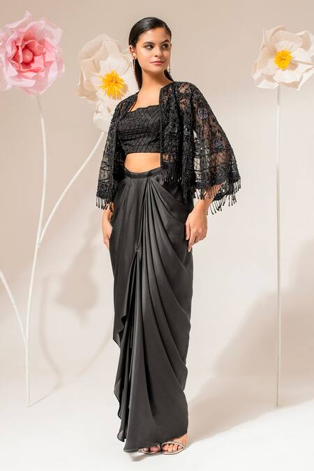 Shop_Akara_Black Satin Beads, Sequins Square Neck, Open Embroidered Cape Draped Skirt Set _Online_at_Aza_Fashions