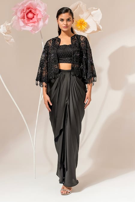 Akara_Black Satin Beads, Sequins Square Neck, Open Embroidered Cape Draped Skirt Set _at_Aza_Fashions