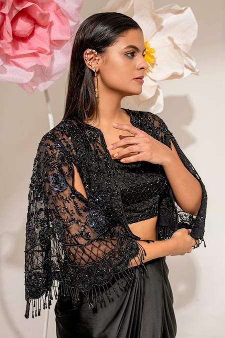 Shop_Akara_Black Satin Beads, Sequins Square Neck, Open Embroidered Cape Draped Skirt Set 