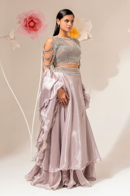 Akara_Silver Organza Beads, Sequins, Embroidery V-neck Waistband Lehenga Set _Online_at_Aza_Fashions