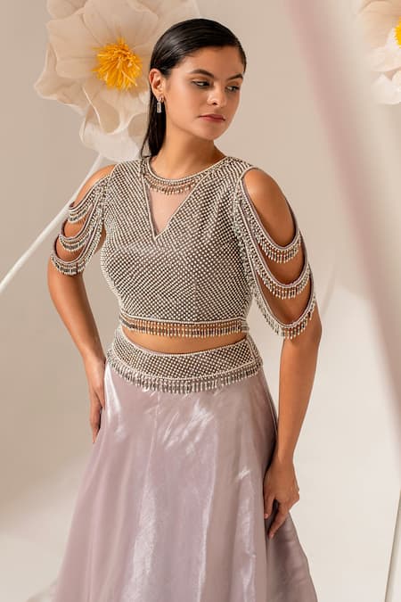 Buy_Akara_Silver Organza Beads, Sequins, Embroidery V-neck Waistband Lehenga Set _Online_at_Aza_Fashions