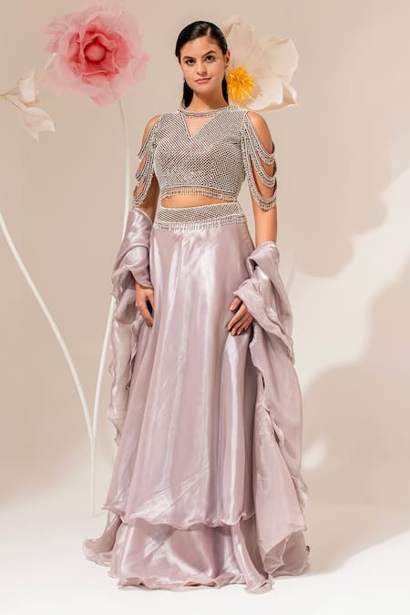 Akara Silver Organza Beads, Sequins, Embroidery V-neck Waistband Lehenga Set 