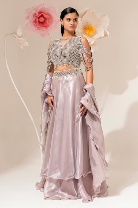 Shop_Akara_Silver Organza Beads, Sequins, Embroidery V-neck Waistband Lehenga Set _Online_at_Aza_Fashions