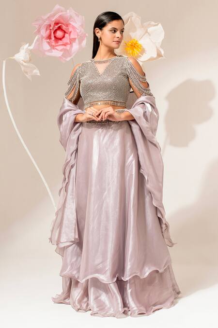 Akara_Silver Organza Beads, Sequins, Embroidery V-neck Waistband Lehenga Set _at_Aza_Fashions