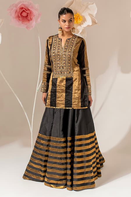 Akara_Black Tissue, Silk, Georgette Sequins, Embroidery Split V-neck Kurta Lehenga Set _Online_at_Aza_Fashions