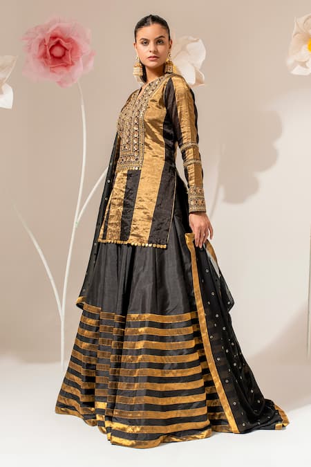Akara_Black Tissue, Silk, Georgette Sequins, Embroidery Split V-neck Kurta Lehenga Set _at_Aza_Fashions
