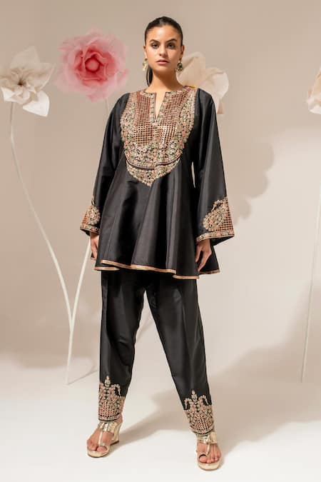 Akara Black Silk Embroidery Split V-neck Yoke Kalidar Kurta With Salwar