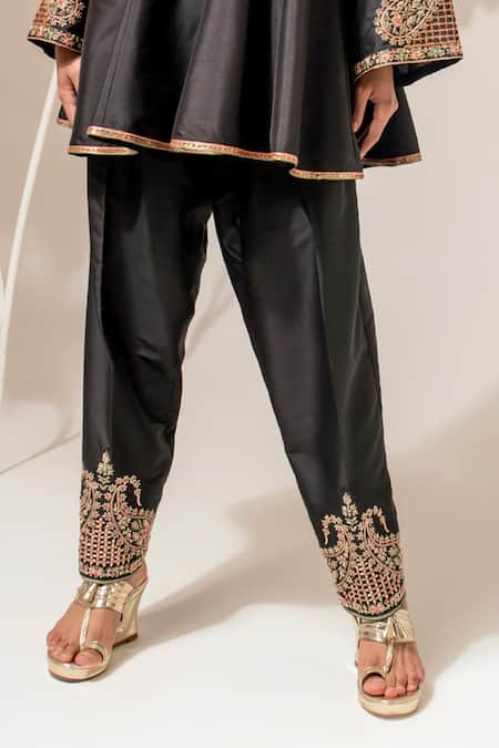 Shop_Akara_Black Silk Embroidery Split V-neck Yoke Kalidar Kurta With Salwar _Online_at_Aza_Fashions