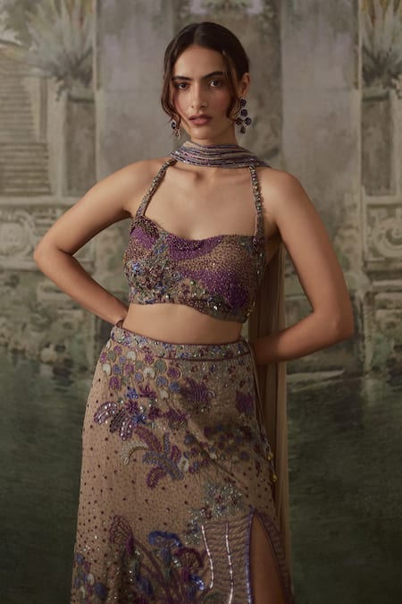 Falsa_Purple Chantelle Beads, Embroidery Scoop Neck Hand Lehenga Set _at_Aza_Fashions