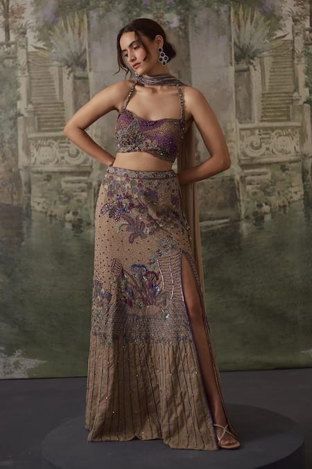 Buy_Falsa_Purple Chantelle Beads, Embroidery Scoop Neck Hand Lehenga Set 