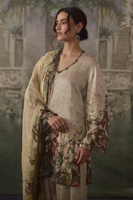Falsa_Beige Silk Satin Beads, Sequins, Embroidery Hand Painted Kurta And Flared Pant Set _Online_at_Aza_Fashions