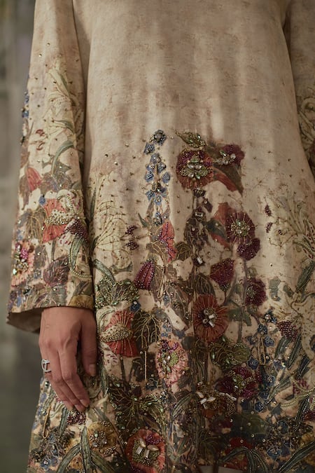 Buy_Falsa_Beige Silk Satin Beads, Sequins, Embroidery Hand Painted Kurta And Flared Pant Set _Online_at_Aza_Fashions