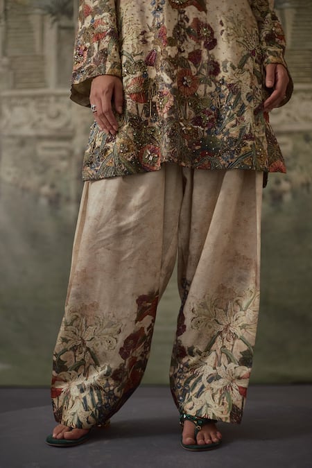 Shop_Falsa_Beige Silk Satin Beads, Sequins, Embroidery Hand Painted Kurta And Flared Pant Set _Online_at_Aza_Fashions