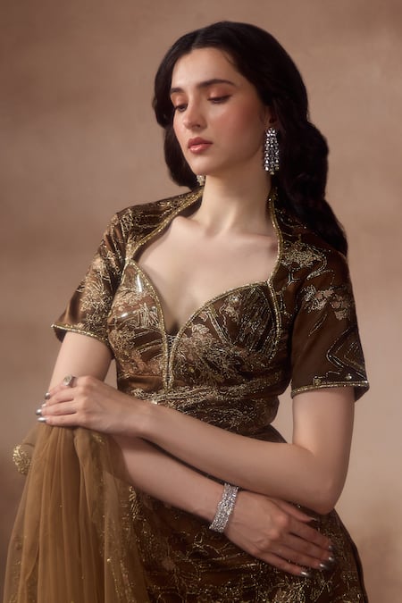 Falsa_Brown Silk, Crepe Embroidery Sweetheart Neck Embellished Kurta And Sharara Set _Online_at_Aza_Fashions