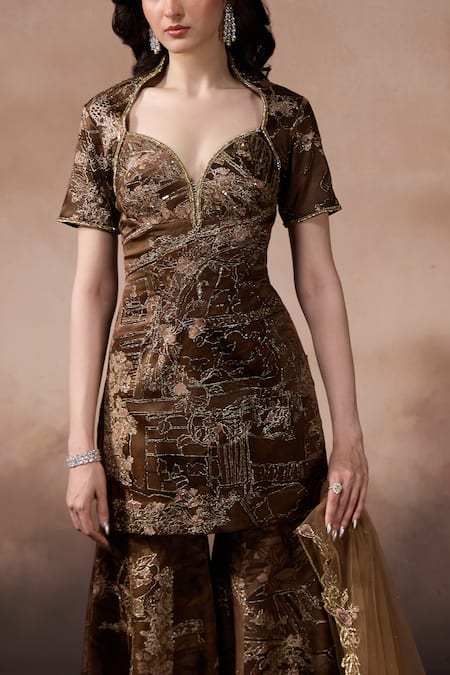 Buy_Falsa_Brown Silk, Crepe Embroidery Sweetheart Neck Embellished Kurta And Sharara Set _Online_at_Aza_Fashions