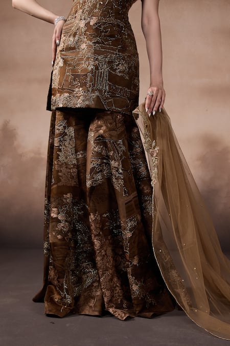Shop_Falsa_Brown Silk, Crepe Embroidery Sweetheart Neck Embellished Kurta And Sharara Set _Online_at_Aza_Fashions