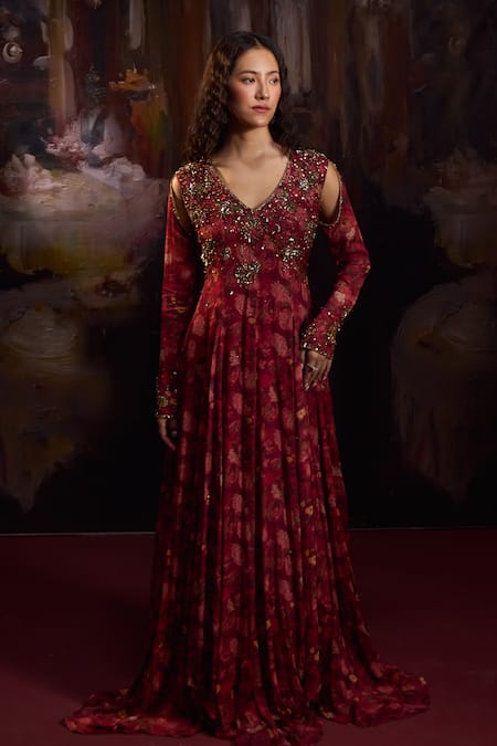 Buy_Falsa_Red Silk, Chiffon Embroidery V-neck Printed Anarkali And Dupatta Set _Online_at_Aza_Fashions