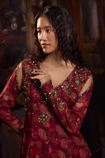 Shop_Falsa_Red Silk, Chiffon Embroidery V-neck Printed Anarkali And Dupatta Set _Online_at_Aza_Fashions