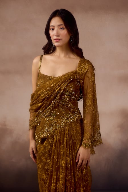 Falsa Green Silk, Crepe Embroidery Scoop Neck Hand Dress With Draped Dupatta at Aza Fashions Falsa_Green Silk, Crepe Embroidery Scoop Neck Hand Dress With Draped Dupatta _at_Aza_Fashions