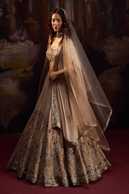 Falsa_Ivory Silk, Chiffon Embroidery Round Neck Lehenga Set _Online_at_Aza_Fashions