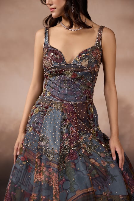 Falsa_Gray Silk Organza, Tulle Embroidery, Beads, Printed Anarkali And Dupatta Set _Online_at_Aza_Fashions