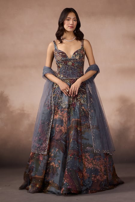 Falsa Gray Silk Organza, Tulle Embroidery, Beads, Printed Anarkali And Dupatta Set