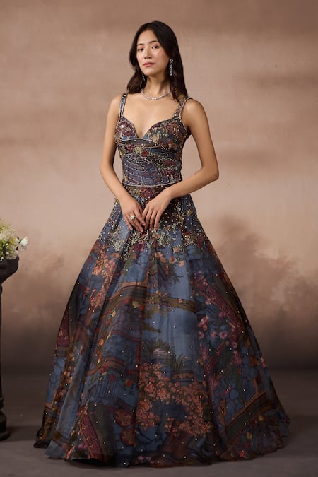 Buy_Falsa_Gray Silk Organza, Tulle Embroidery, Beads, Printed Anarkali And Dupatta Set _Online_at_Aza_Fashions