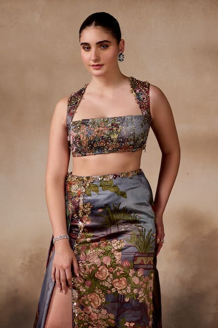 Falsa_Gray Silk Satin Sequins, Beads Square Neck Printed Side Slit Skirt And Blouse Set _Online_at_Aza_Fashions