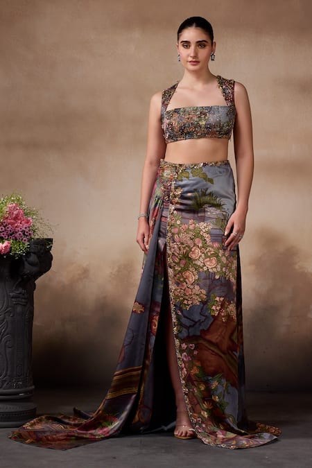 Buy_Falsa_Gray Silk Satin Sequins, Beads Square Neck Printed Side Slit Skirt And Blouse Set _Online_at_Aza_Fashions